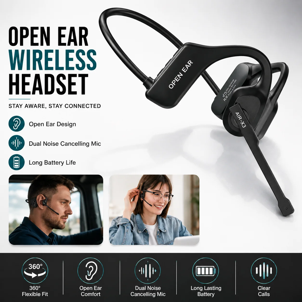 Bluetooth 5.3 Open Ear Wireless Headset With Dual Noise Cancelling Mic Bone Conduction Headphones - Image 1