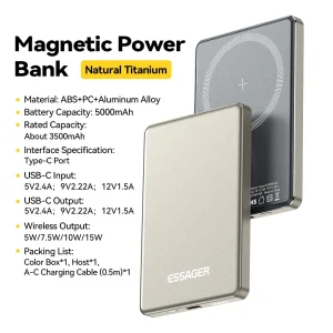 Essager Wireless Power Bank Magnetic 20W 5000mAh Portable Fast Charging External Battery for iPhone 17 16 15 14 - Thumbnail Image 8