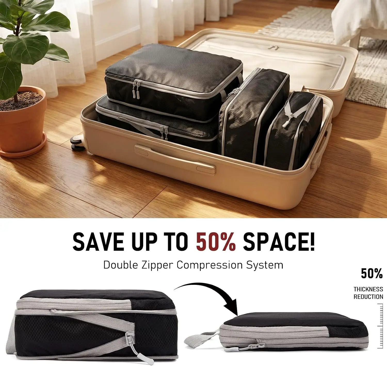 4Pcs/Set Travel Compression Packing Cubes Bag S/M/L/X Portable Suitcase - Image 3