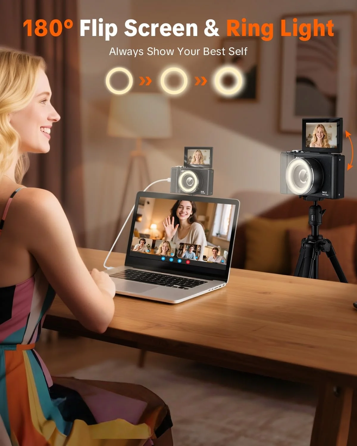4K Digital Camera for Photography,4k Camera with Ring Light，180° Flip Screen Camera for Vlogging with Beauty Mode - Image 2