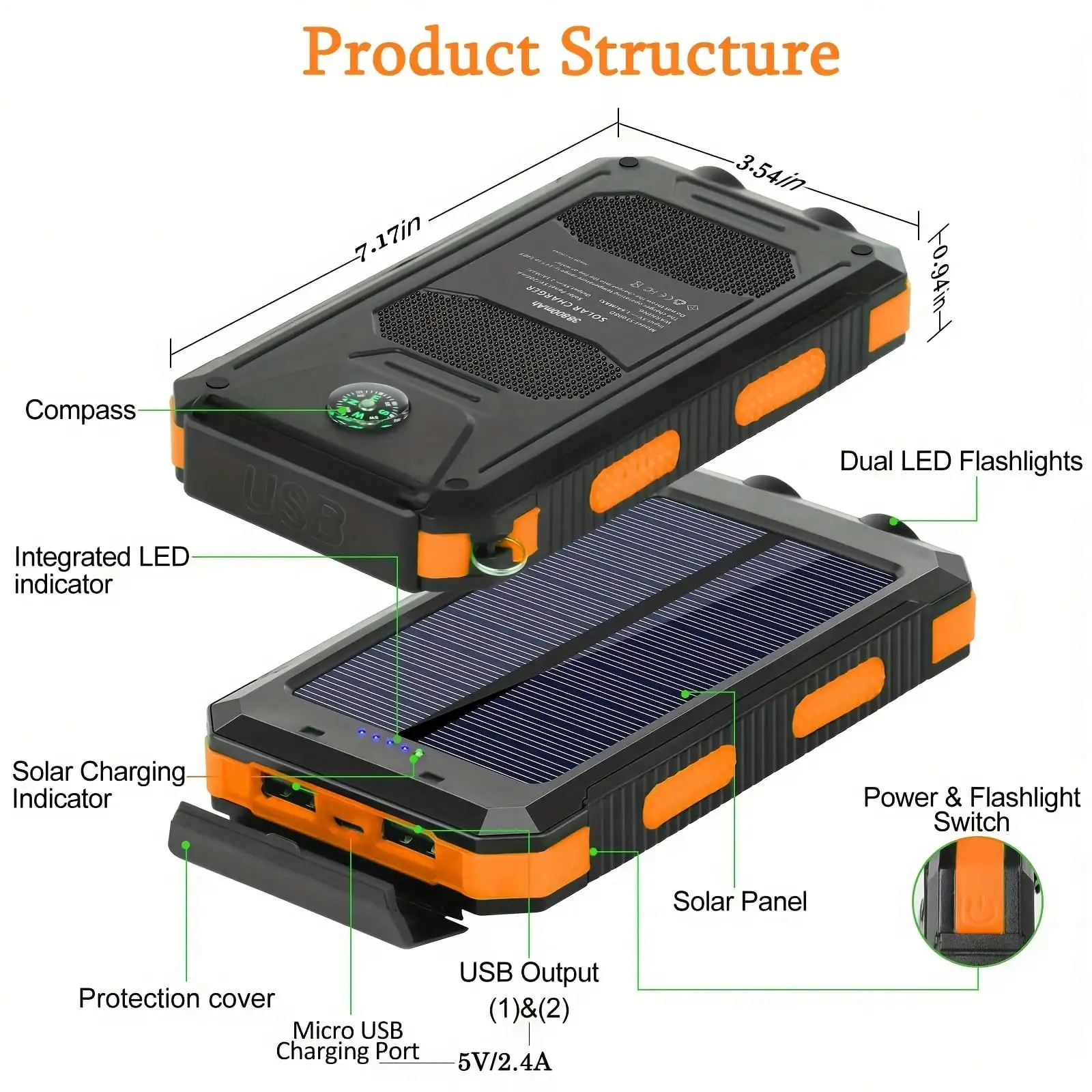 10000mAh Solar Charger Power Bank -Portable Solar Phone Battery Panel Charger - Image 2