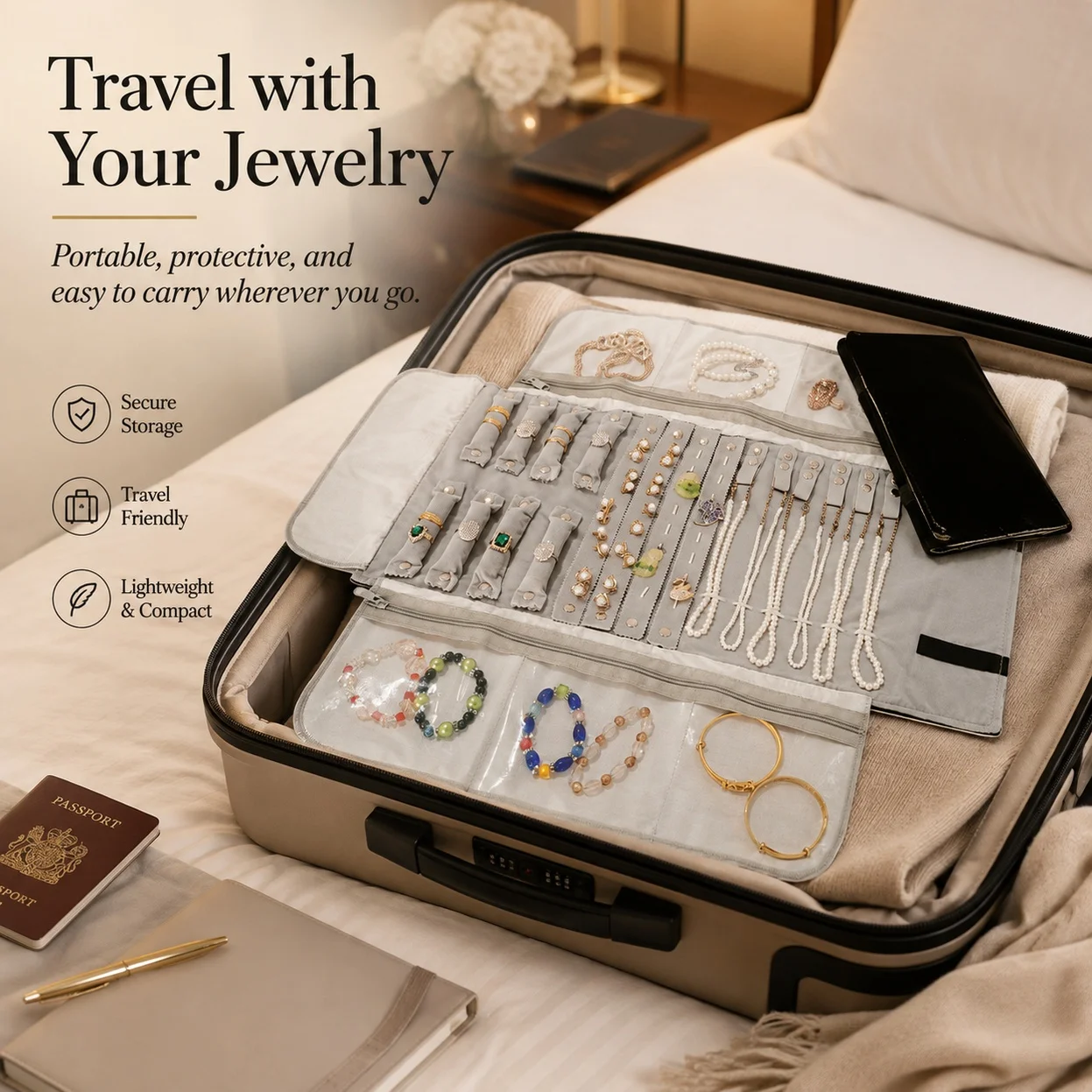 Velvet Travel Jewelry Case Roll Bag Organizer - Image 1