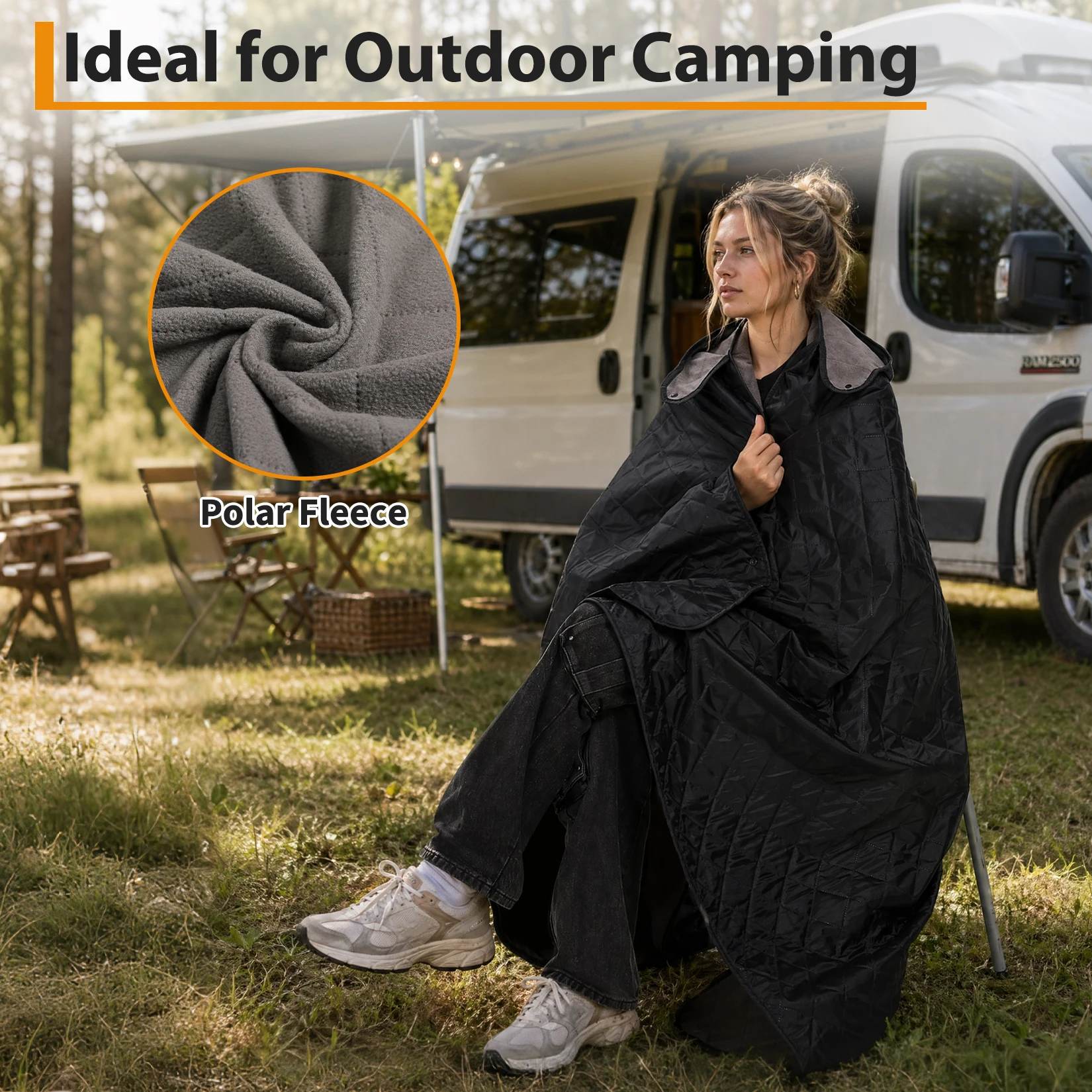 Hooded Camping Blanket, 78.74"×55.12" Waterproof Fleece Outdoor Throw - Image 2