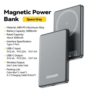 Essager Wireless Power Bank Magnetic 20W 5000mAh Portable Fast Charging External Battery for iPhone 17 16 15 14 - Thumbnail Image 7