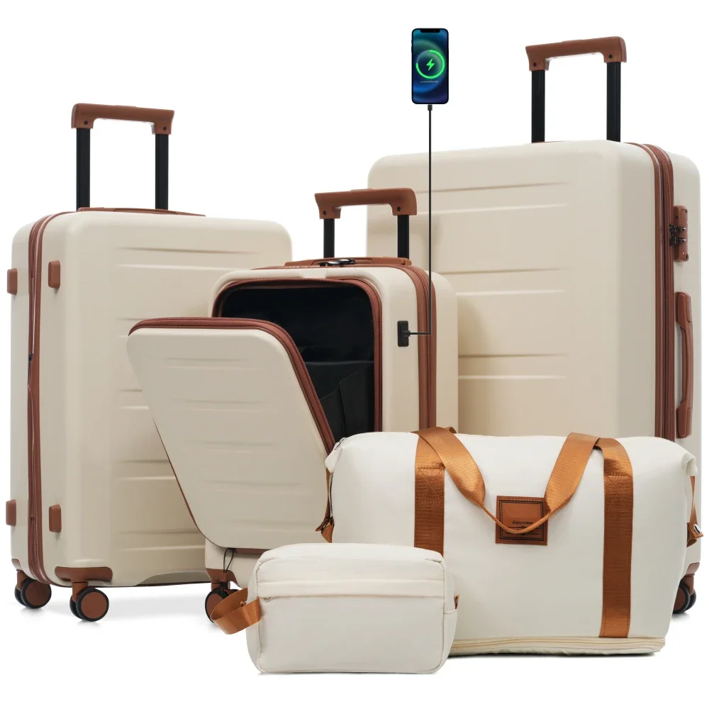 Luggage Sets 5 Piece with Front Opening, Hardside Expandable Carry On Suitcase Set with Double Spinner Wheel, Lightweight Travel Luggage with USB Port, Locks(20"24"28") - Image 1