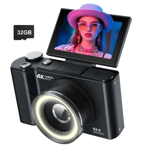 4K Digital Camera for Photography,4k Camera with Ring Light，180° Flip Screen Camera for Vlogging with Beauty Mode