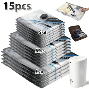 16 Pack Travel Vacuum Storage Bags With Electric Air Pump Modern Clear Reusable Compression Sealing Bags - Thumbnail Image 12
