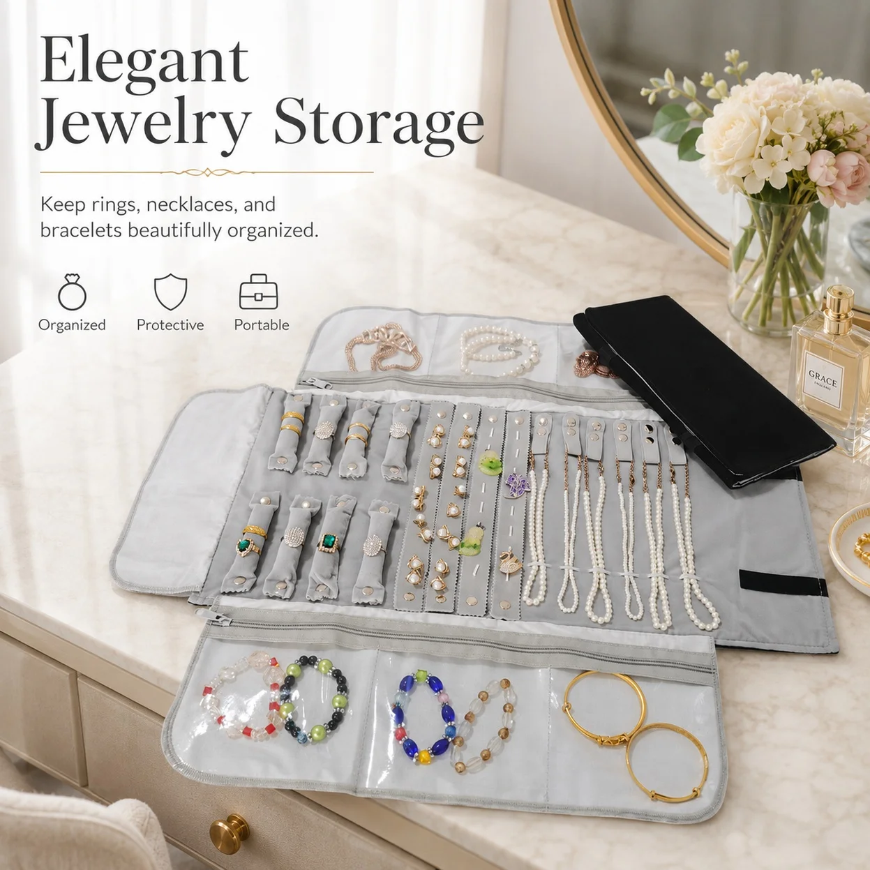 Velvet Travel Jewelry Case Roll Bag Organizer - Image 3