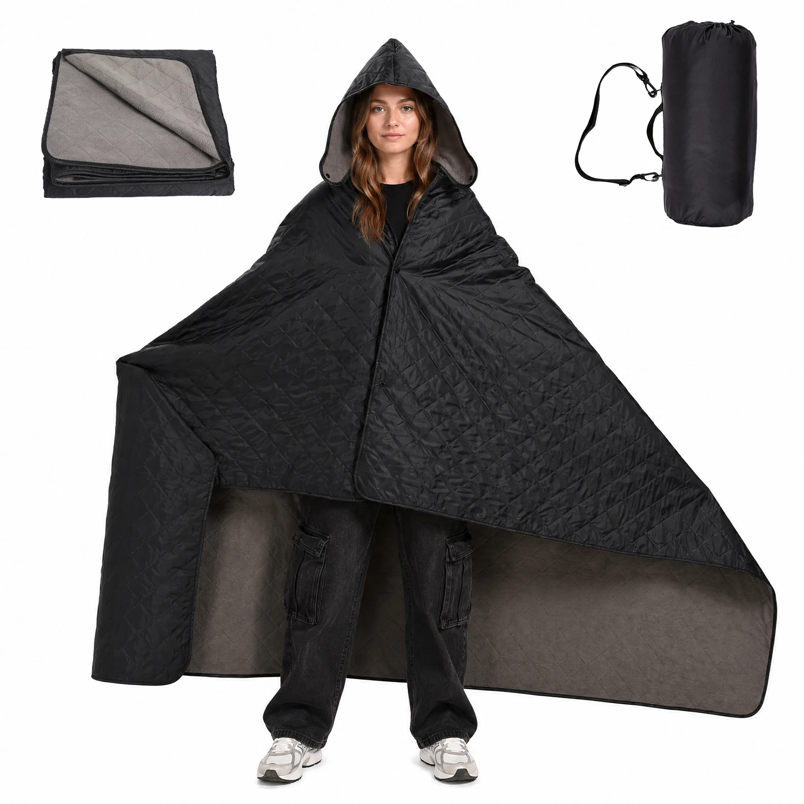 Hooded Camping Blanket, 78.74"×55.12" Waterproof Fleece Outdoor Throw - Image 1