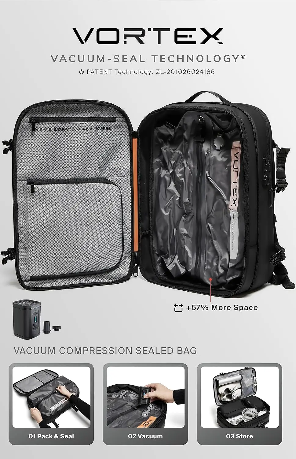 Vortex Vacuum Seal Travel Backpack 60L Expandable Air Compression System - Image 3