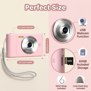 FUNNY PANDA Pink Digital Camera, 44MP 1080P Vlogging Camera with 16X Zoom - Thumbnail Image 4