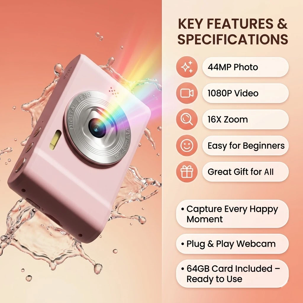 FUNNY PANDA Pink Digital Camera, 44MP 1080P Vlogging Camera with 16X Zoom - Image 3