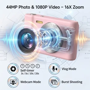 FUNNY PANDA Pink Digital Camera, 44MP 1080P Vlogging Camera with 16X Zoom - Thumbnail Image 2