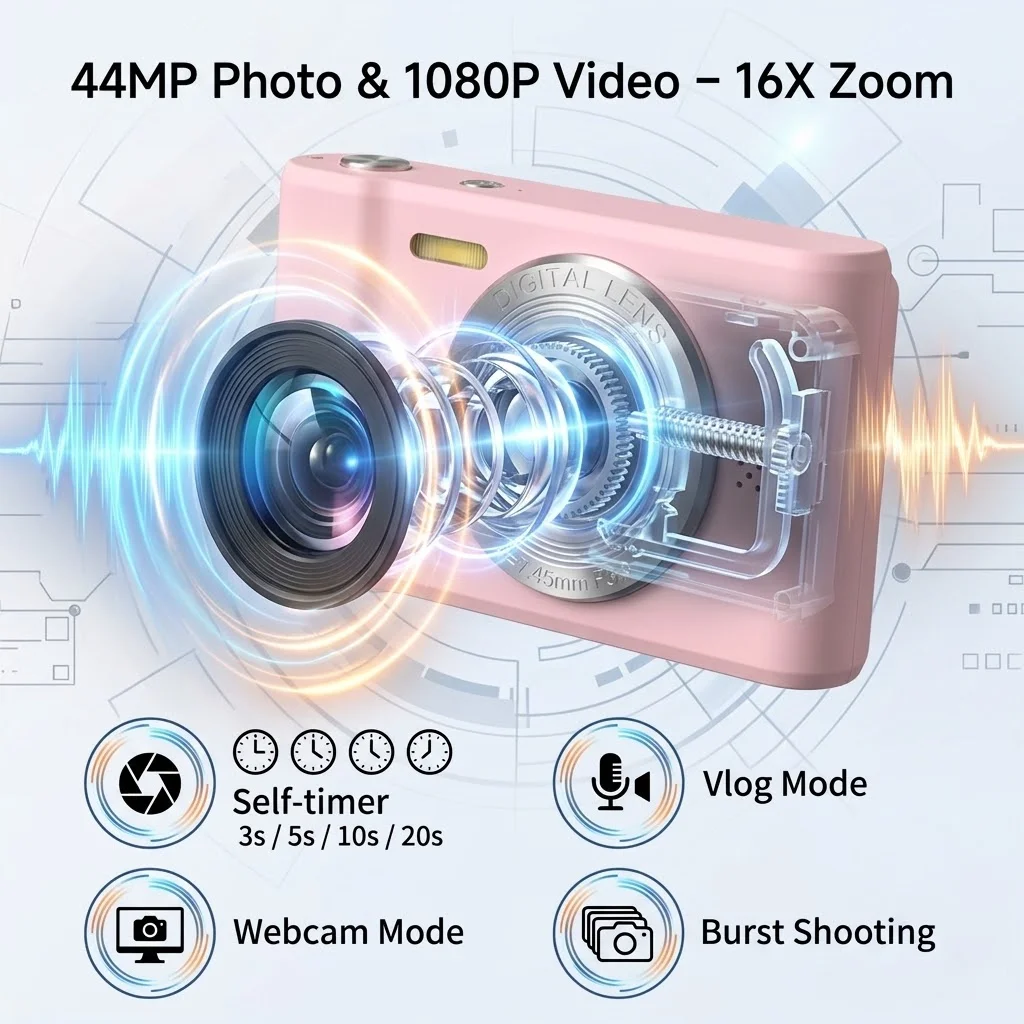 FUNNY PANDA Pink Digital Camera, 44MP 1080P Vlogging Camera with 16X Zoom - Image 2