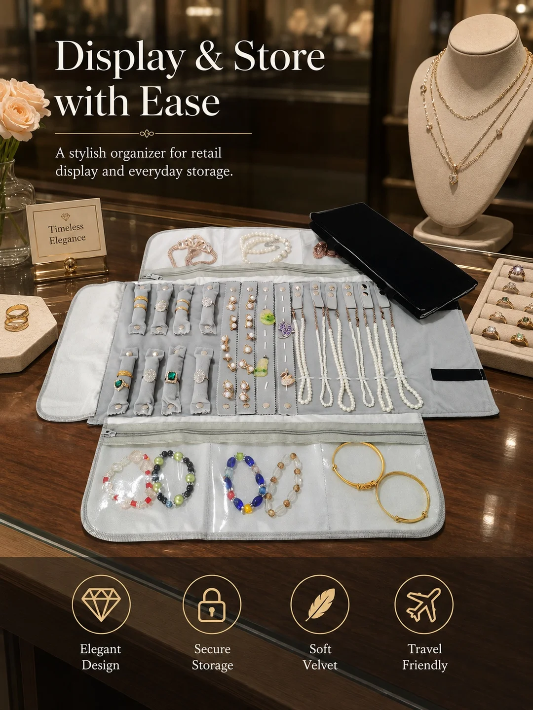 Velvet Travel Jewelry Case Roll Bag Organizer - Image 5