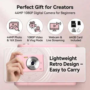FUNNY PANDA Pink Digital Camera, 44MP 1080P Vlogging Camera with 16X Zoom - Thumbnail Image 5