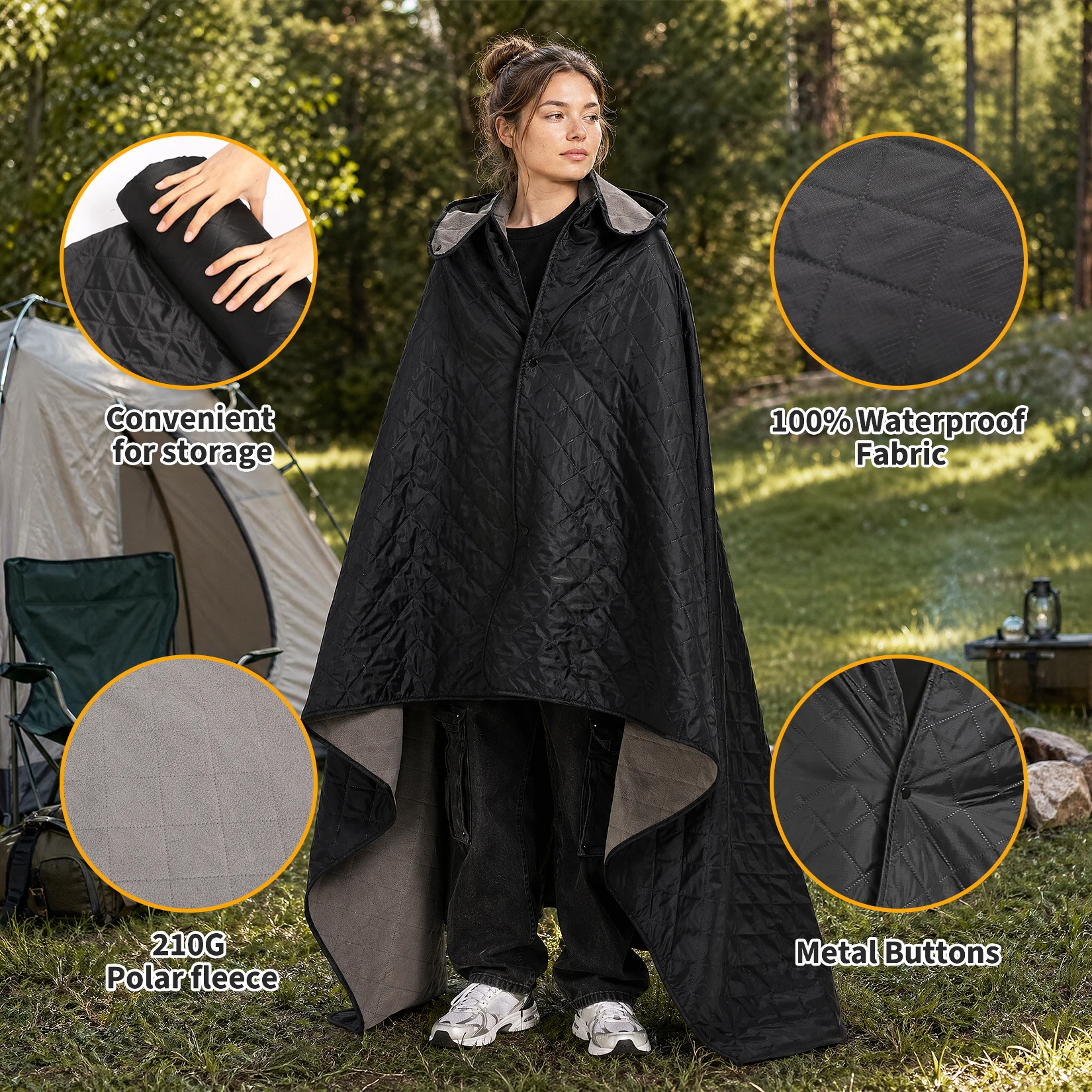 Hooded Camping Blanket, 78.74"×55.12" Waterproof Fleece Outdoor Throw - Image 6