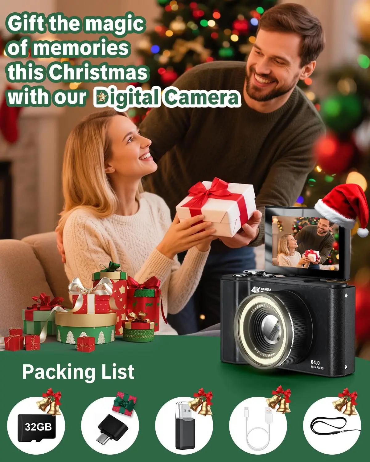 4K Digital Camera for Photography,4k Camera with Ring Light，180° Flip Screen Camera for Vlogging with Beauty Mode - Image 8