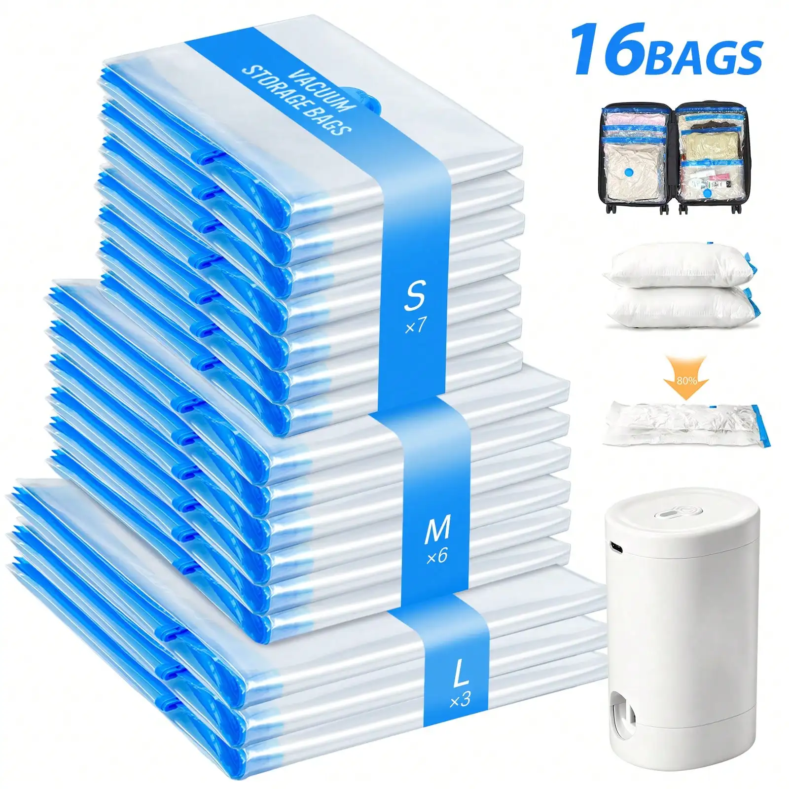 16 Pack Travel Vacuum Storage Bags With Electric Air Pump Modern Clear Reusable Compression Sealing Bags - Image 9
